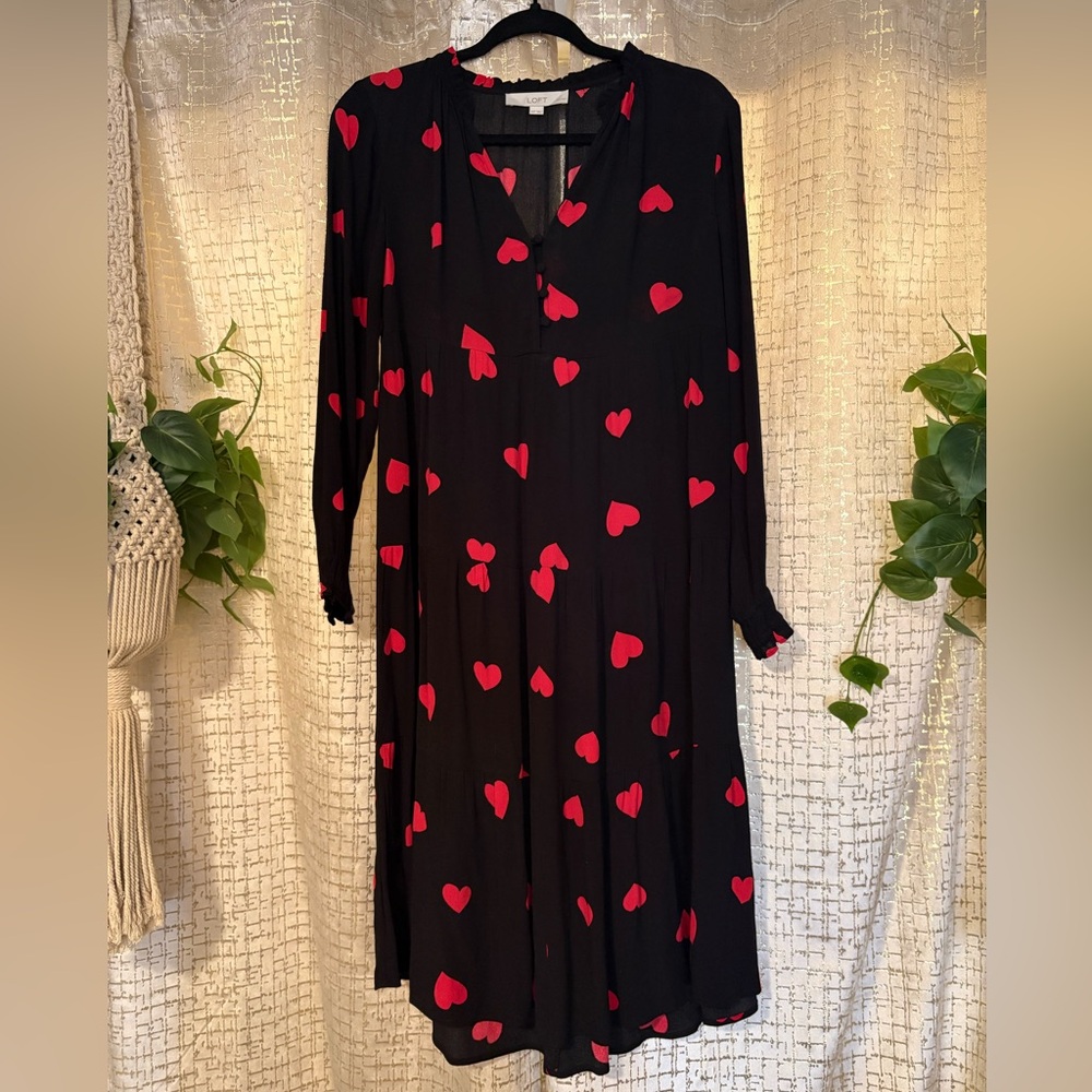 LOFT Black Dress Red Hearts | Long Sleeve | XSP Petite